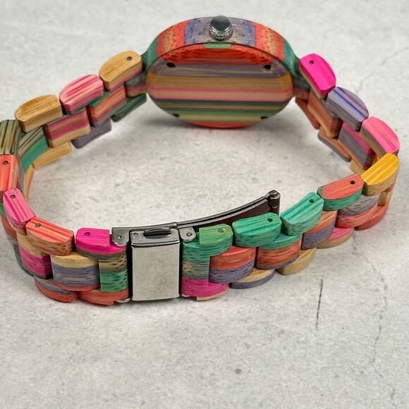 Womens Watch 35mm Round Colorful Rainbow Striped Wooden Sustainable New Battery - Picture 6 of 9